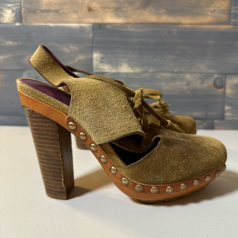 Coach Olive Green Suede Mules with Studded Details *